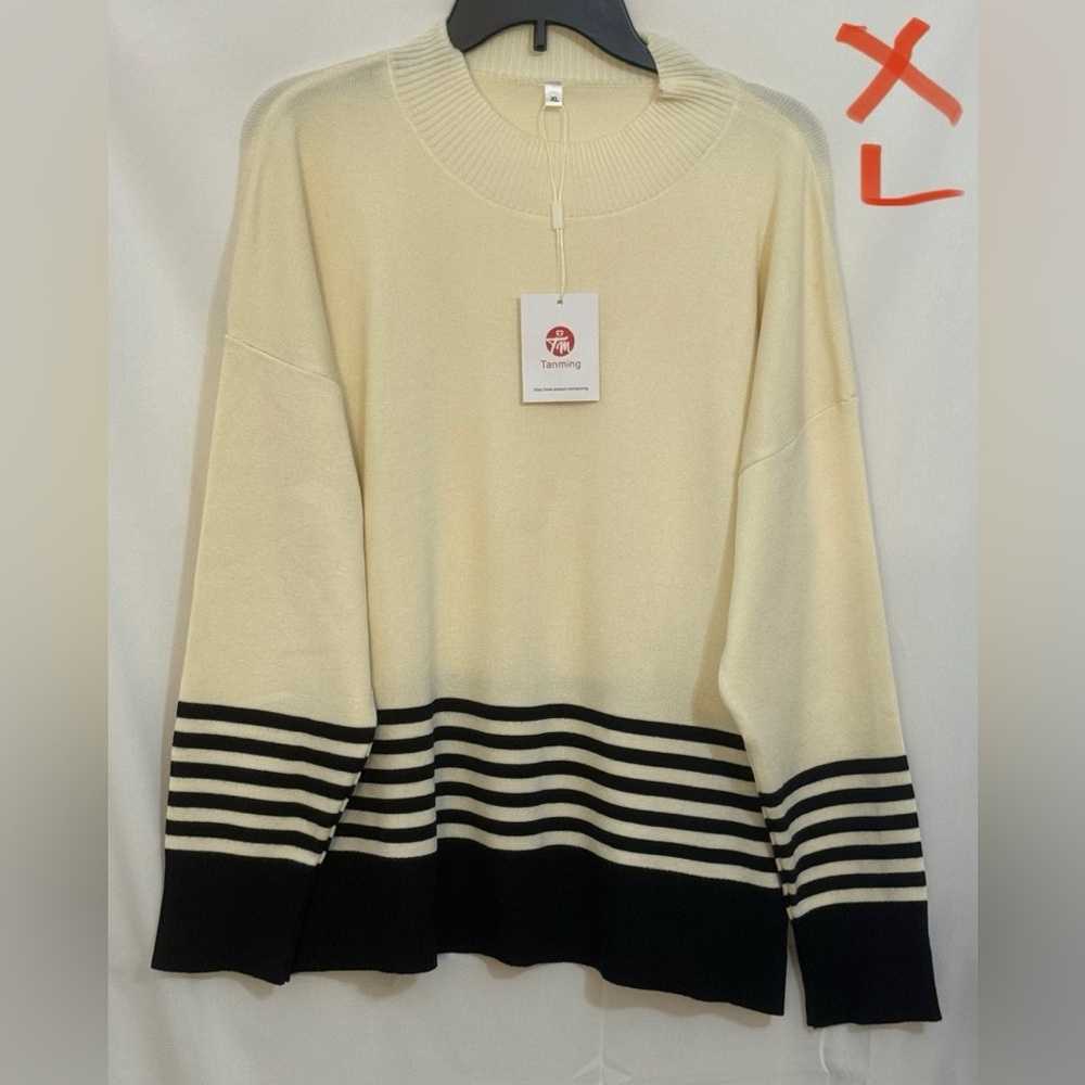 Trendy Cream and Black Striped Women's Sweater